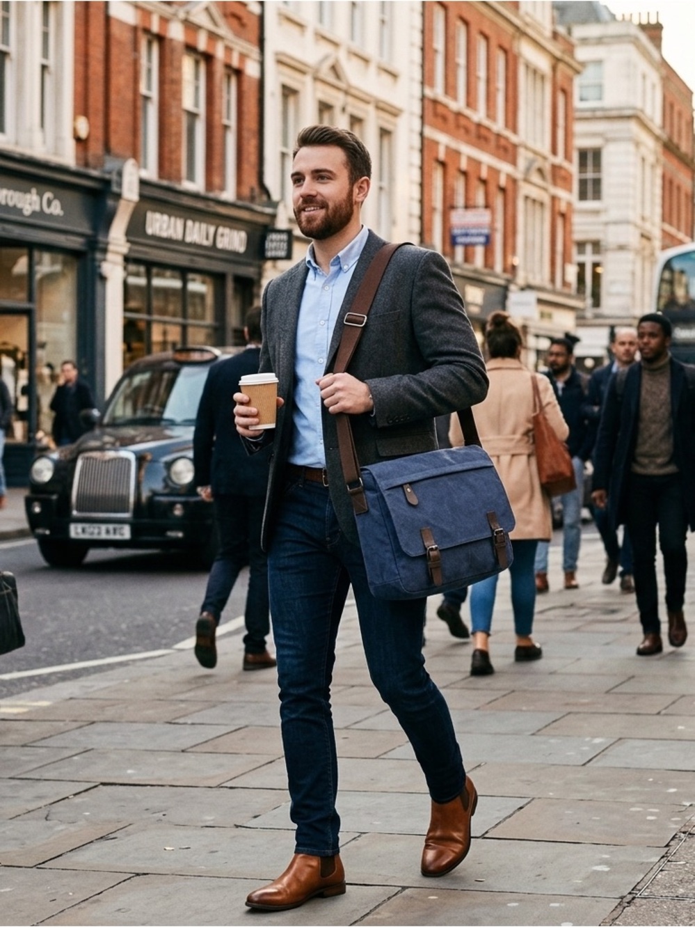 Classic Navy Canvas Messenger Bag with Brown Accents